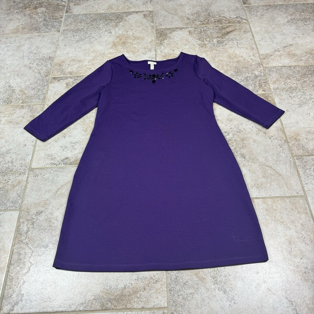 Soma Dress Womens Medium Purple Knit Black Jewel Beaded Neckline Shift